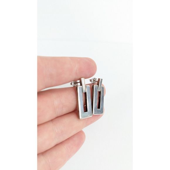 Jondell Signed Modernist Rectangle Door Knocker Sterling Silver 925 Earrings - Picture 3 of 16